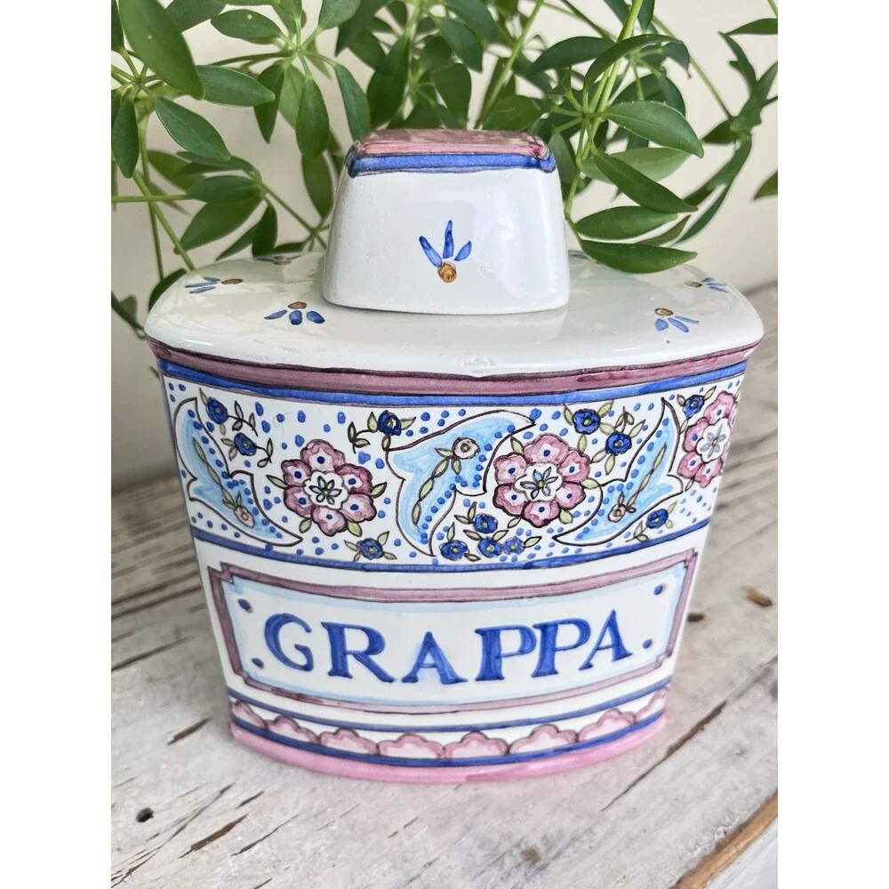 Vintage Hand Painted Italian Pottery Grappa Decanter W/Lid / Italy Home Bar 7”